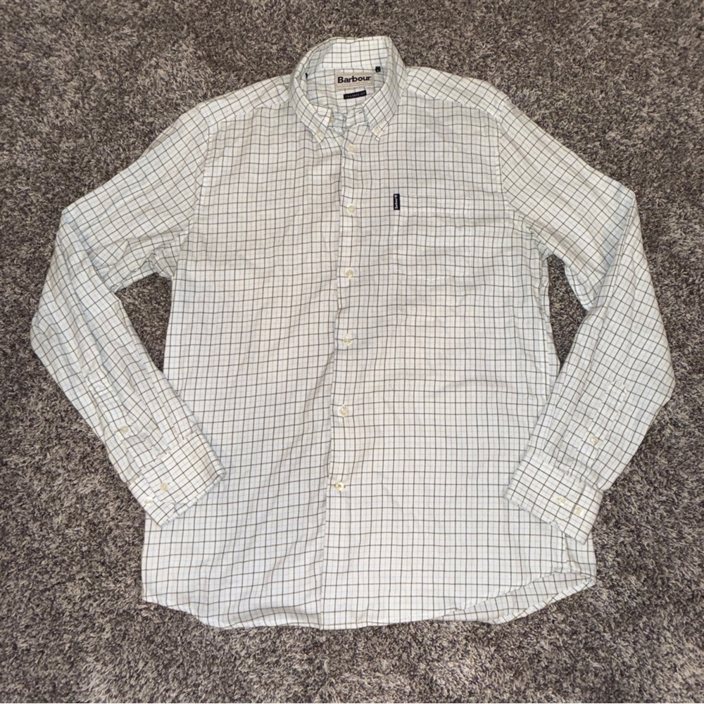 Barbour Mens Large Tailored Fit White Gray Button Up Flannel L/S Shirt Long